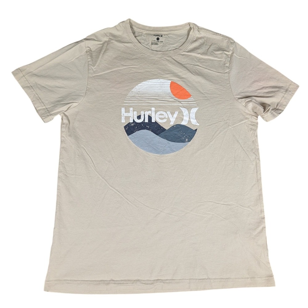 Hurley Graphic T-Shirt Mens XL Beige Sunset Mountain Logo Excellent